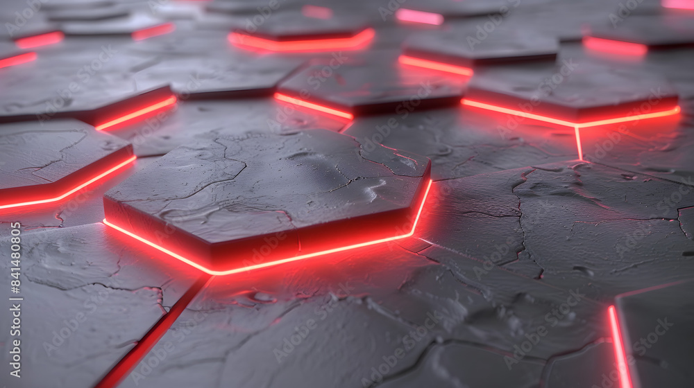 Poster 3d render. abstract background with red glowing hexagons on a light grey surface