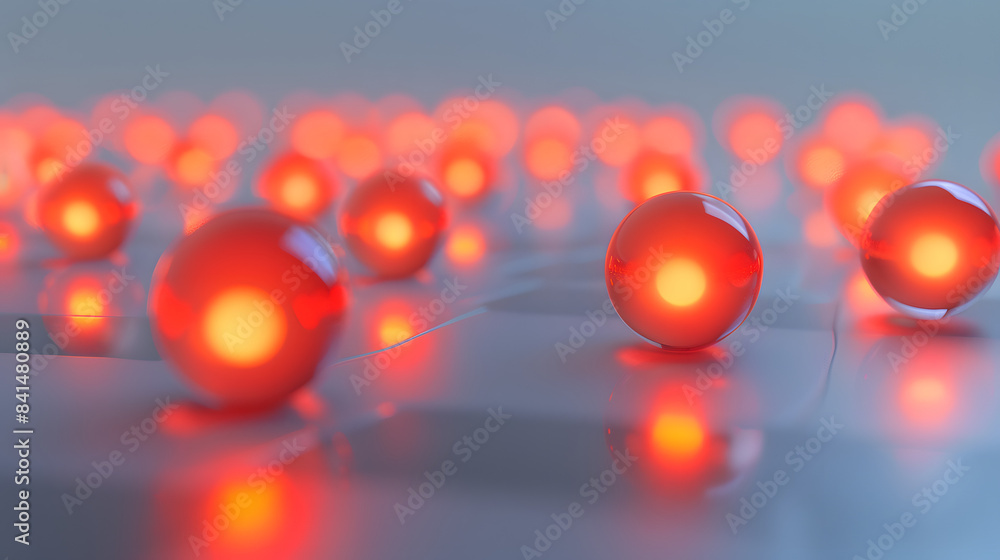 Poster 3d render. abstract background with red glowing spheres on a light grey surface.
