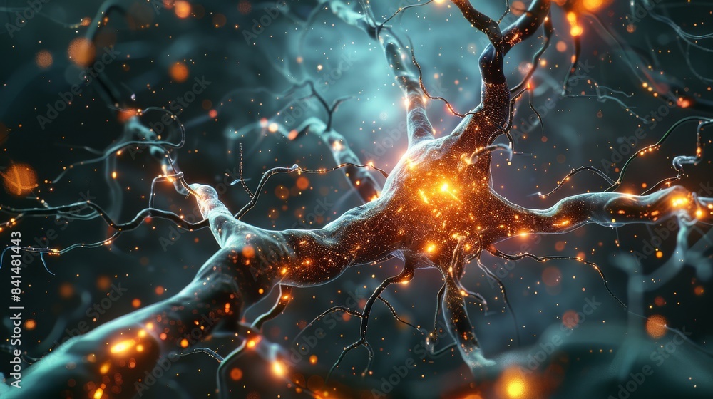 Aufkleber Microscopic view of a neuron cell with glowing synapses. Generative AI.