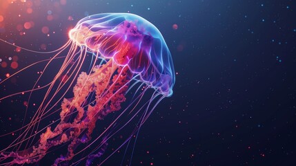 Obraz premium Glowing Jellyfish Floating Gracefully In Deep Blue Ocean With Long Tentacles And Translucent Bell, Beautiful Underwater Marine Life