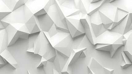 3D render of a white polygonal background with low poly geometric shapes and shadows on empty space 