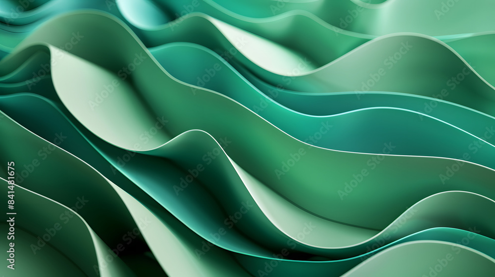 Poster 3d render of green paper waves. close up. abstract background