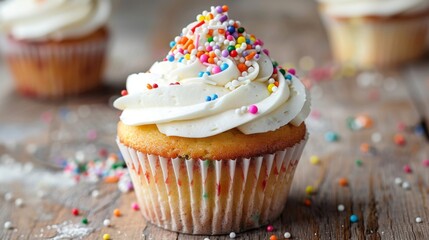A cupcake with white frosting and rainbow sprinkles on top