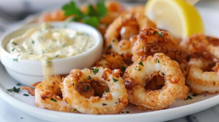 A mouthwatering plate of grilled calamari served with a side of creamy garlic aioli, perfect for dipping and savoring every bite