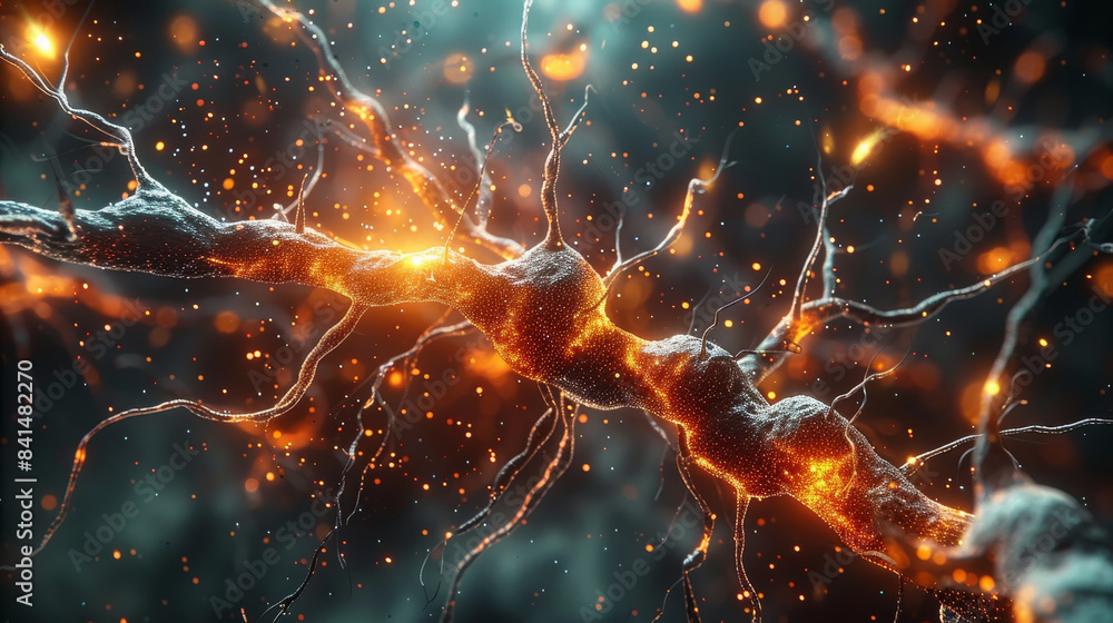 Leinwandbilder microscopic view of a neuron cell with glowing synapses. generative ai.