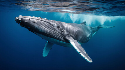 Naklejka premium A gray whale swims through the blue water [gray whale in the sea, underwater, blue]