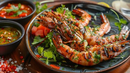 A mouthwatering plate of grilled river prawns, seasoned with herbs and spices, served alongside a colorful salad and dipping sauces