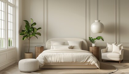 modern bedroom with white paneled walls, a modern lamp above the bed, a round wooden night stand on each side, a green plant in a beige pot next to the wall, modern cozy white armchair, interior