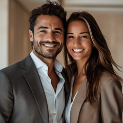 Fototapeta premium a happy couple in business outfits smiling in the camera , taken professional business photos
