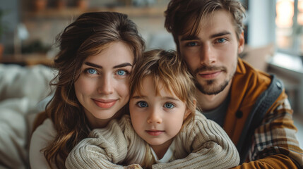 a young family in a modern appartment, looking at the camera