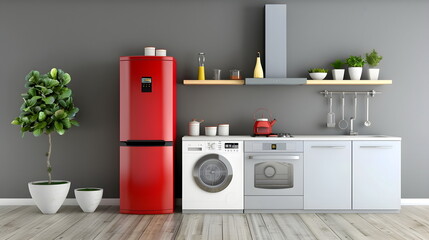 Modern Kitchen Interior Red Appliances Wooden Floor Minimalist Design