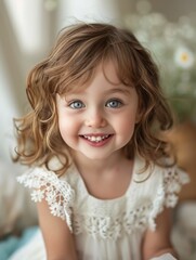A 2 year old girl, happy and smiling, birthday portrait, white dress, close-up, light background