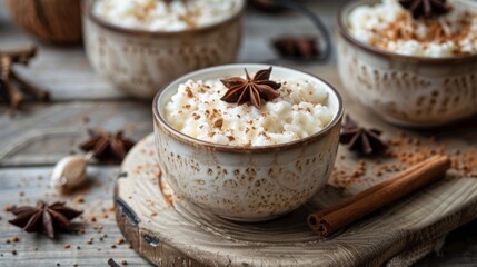A bowl of white pudding with cinnamon and star anise on top