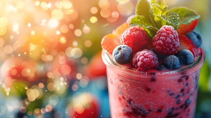 Fresh Fruit Smoothie in a Glass Jar with Berries and Mint Sprig on Bright Background