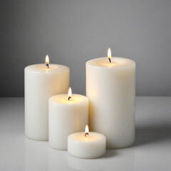 Four white candles of varying sizes on a white surface