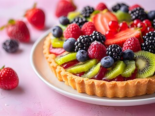 Exquisite Fruit Tart with Vibrant Berry and Kiwi Garnish on Pastel Backdrop