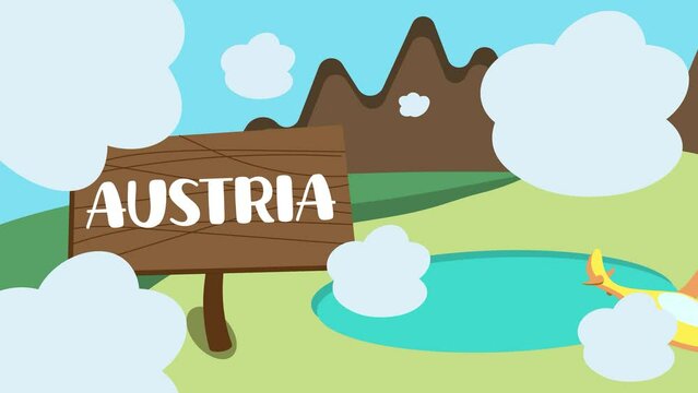 The plane flies to Austria, flies over the mountains and lake, a sign appears with the inscription Austria. Animated colorful travel video. Suitable for tour operators, travel agencies, travelers, blo