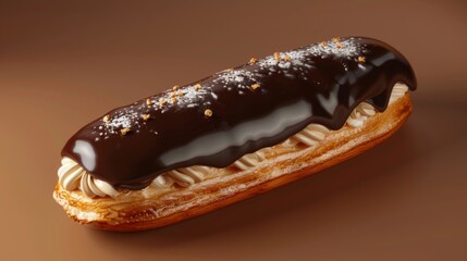 A chocolate covered pastry with a white cream filling