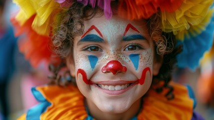  Portrait of kind clown in park amusing kids, kids are around of clown, children on background 
