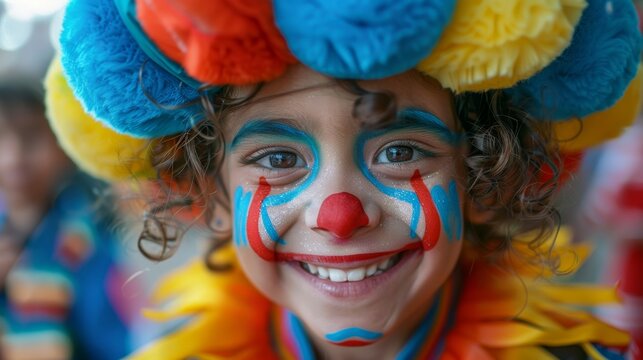  Portrait of kind clown in park amusing kids, kids are around of clown, children on background 