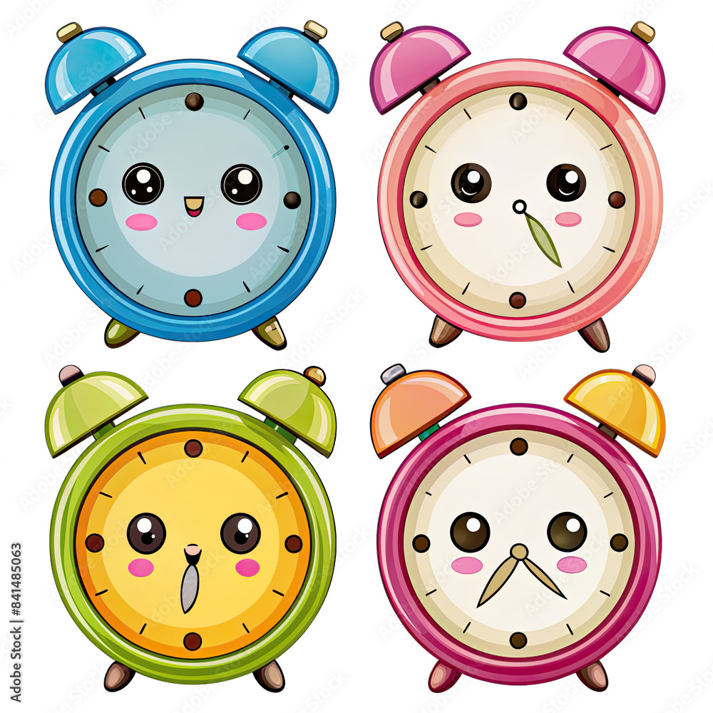 Poster a set of four cartoon alarm clocks with different colors and expressions. each clock has a cute face