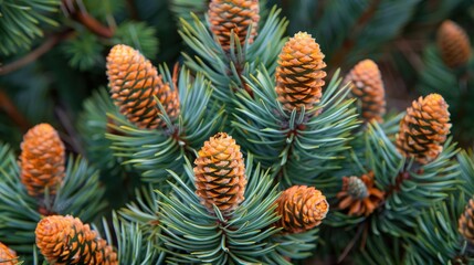 Obraz premium Abundant young pine cones on a pine tree