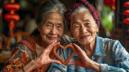 Fototapeta premium Vietnamese elderly women friends making heart symbol with hands