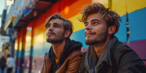 Obraz premium two men with the rainbow flag, masculine, drugcore