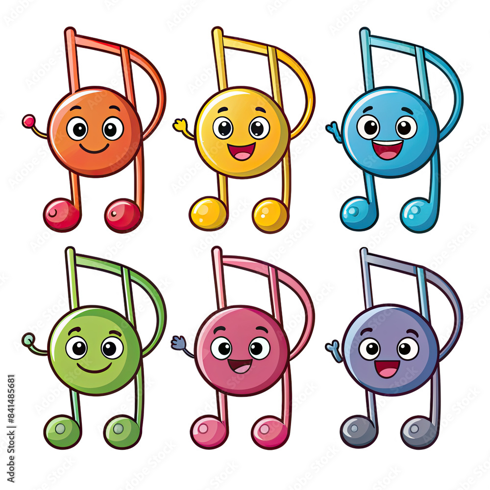 Poster a set of six cartoon music notes, each with a different color and a smiling face. they are isolated 