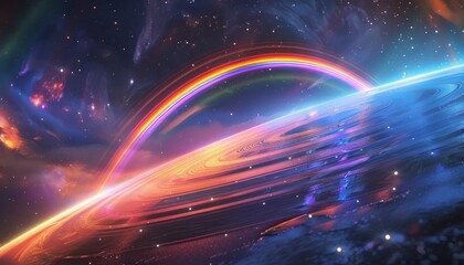 Obraz premium A vibrant rainbow arcs over a celestial body in a galaxy filled with stars and nebulae.