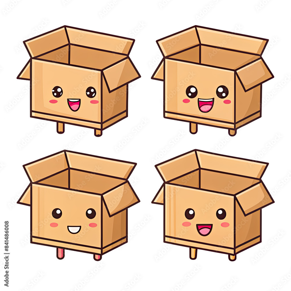 Poster a digital illustration of four cute cartoon paper boxes with smiling faces. each box has a different