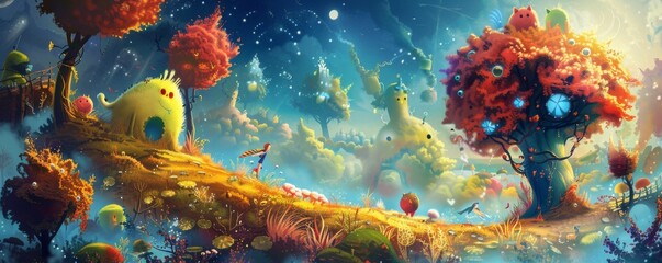 A whimsical fantasy landscape with colorful trees and a small creature.