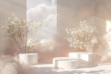 Dreamy White Podium with Delicate Plants and Soft Cloudy Background in Ethereal Setting