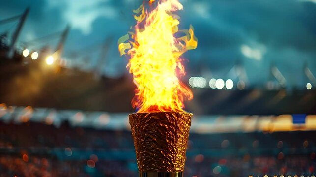 The Olympic torch framed by bustling stadium. Looping 4k video animation background