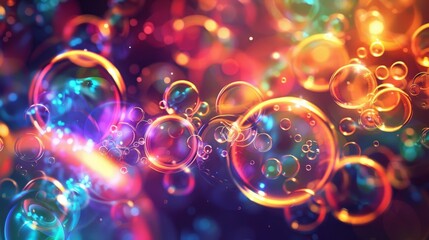 Abstract background of colorful bubbles with glowing light and bokeh effect.