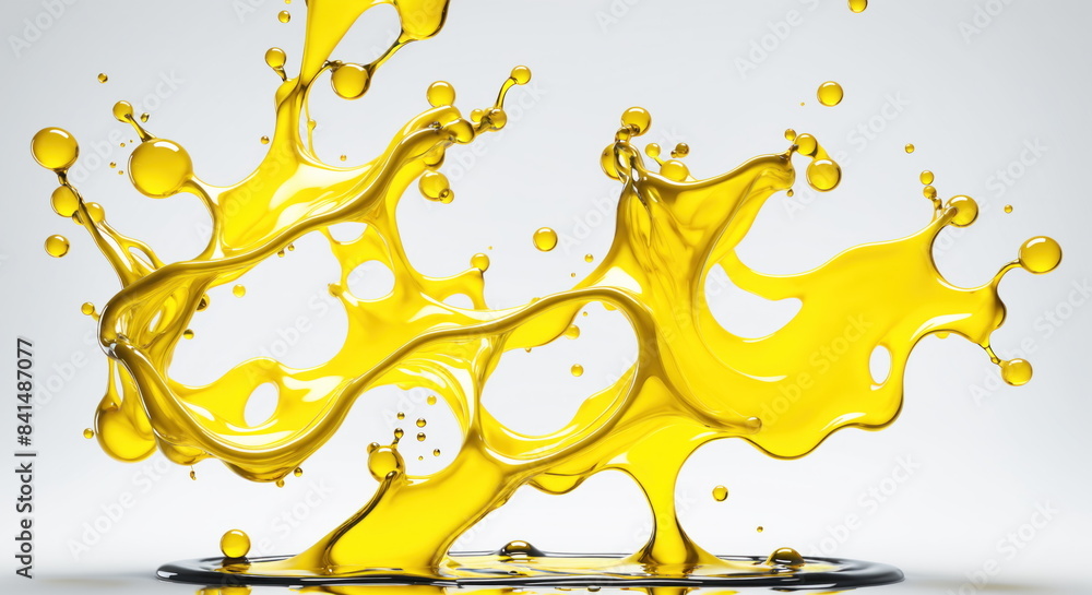 Poster dynamic splash of golden liquid oil, creating abstract shapes and patterns as it falls and spreads
