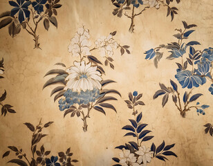 Traditional 18th-century blue and white chinoiserie floral wallpaper. Hand drawn asian patterns on vintage paper