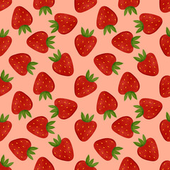 Strawberry seamless pattern. Red berry wallpaper. Summer fruit background. Ripe strawberry print.  Farm organic berry backdrop. Perfect for wrapping, packaging, kitchen textile, fabric, stationary.