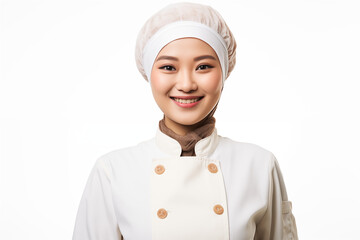 Smiling asian pastry chef on white background. Smiling asian baker. Bakery professions. Bakery job offer. Asian pastry maker. Asia. Image for graphic designer. Image for flyers. Asian baker. China.
