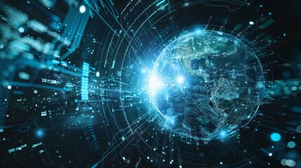 A futuristic depiction of a globe engulfed in a flurry of data representing the everevolving global communication and exchange of information.