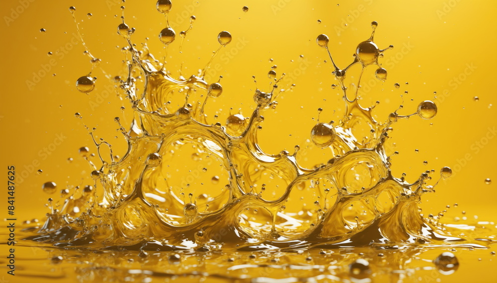 Poster golden liquid splashing against a vibrant yellow background. the liquid creates a dynamic and intric