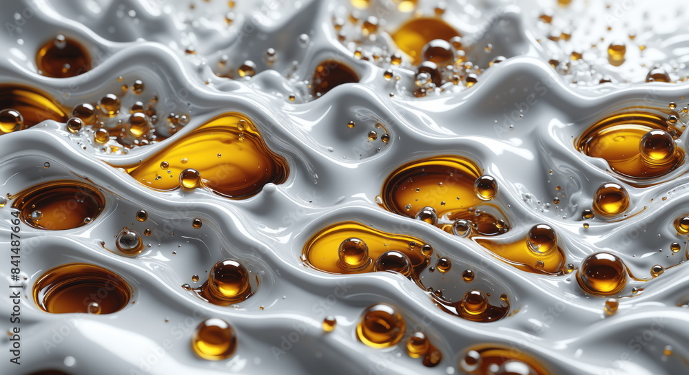 Poster golden liquid splashing and rippling on a reflective surface, creating a beautiful and dynamic patte