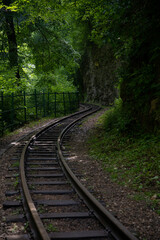 Obraz premium Early morning. Old railway in a mountain forest.