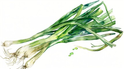 Green onion in watercolor style on white background