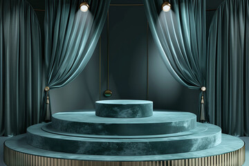 Luxurious Velvet Podium with Draped Curtains and Spotlights in an Elegant Setting