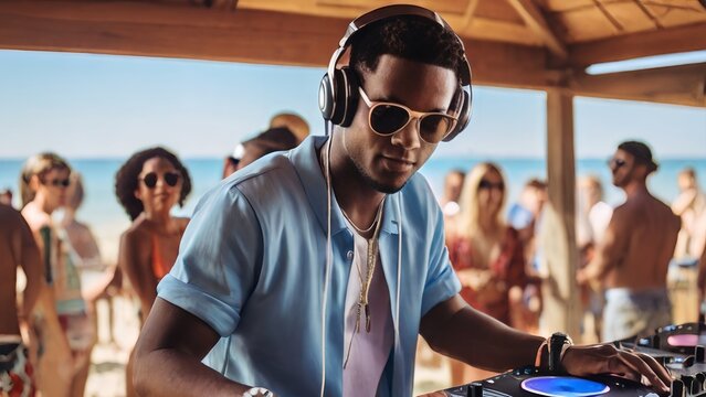 Young male dj wearing headphones and sunglasses playing music on beach party at sunset outdoor