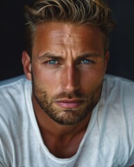 Fototapeta premium Handsome confident blond man, staring serious and cool at camera, wearing white t-shirt, white background