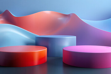 Colorful Red, Blue, and Pink Podiums with Flowing Fabric Background in Modern Setting