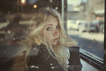 Dreamy portrait of a thoughtful young woman looking outside through a glass window