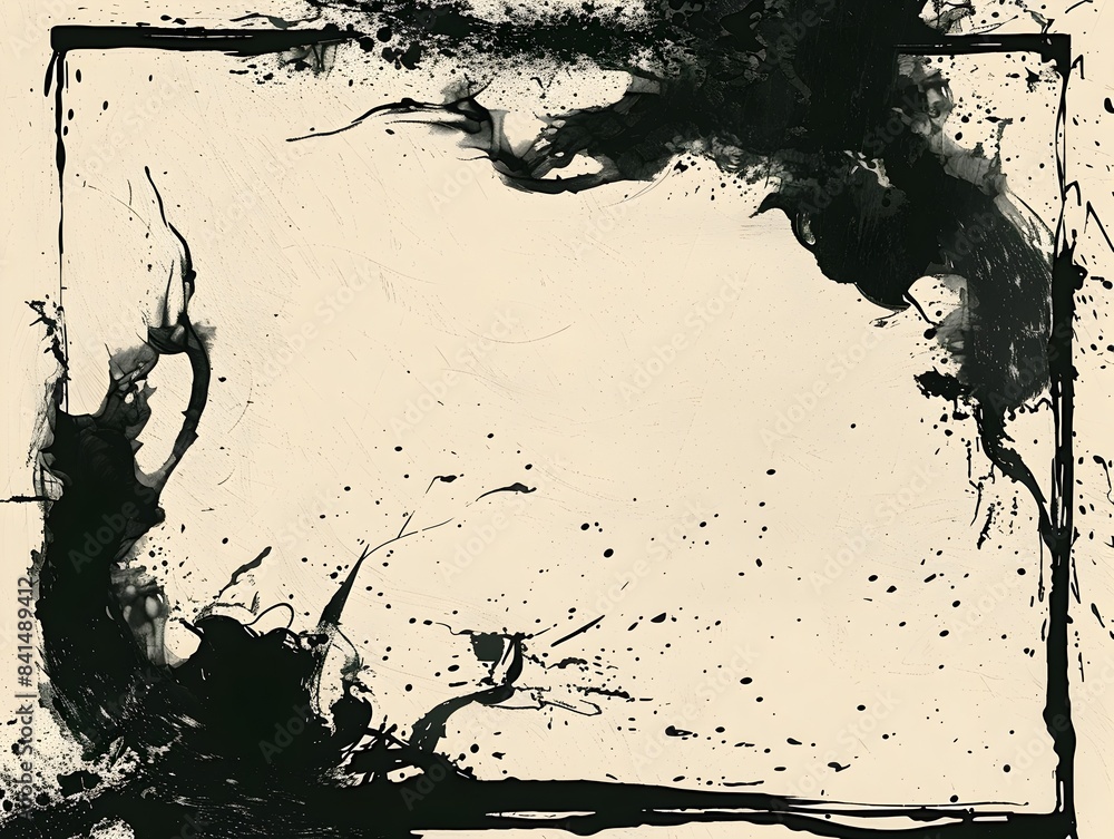Poster abstract ink splatter frame with fluid dark patterns on light background